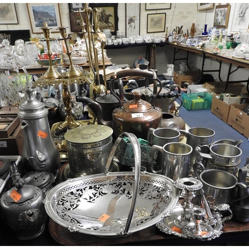 94 - Mixed metal wares including copper teapots, horse brasses, companion set, brass candlestick, pewter ... 