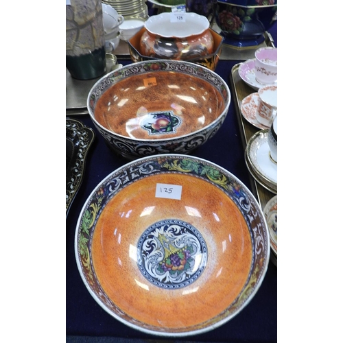 125 - Two Maling orange lustre bowls, one Ducal bowl and an orange ground jardiniere, and a carved wooden ... 