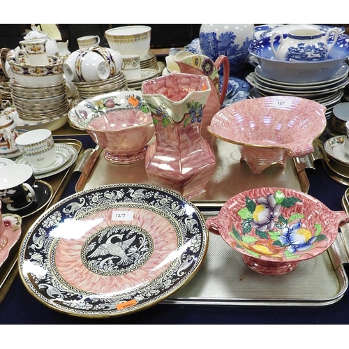 127 - Assorted Maling, Newhall Boullemier and other pink ground, lustrous glazed and decorated bowls and j... 