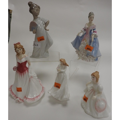 142 - Four Royal Doulton figures including Alice; also a Nao figure (5)