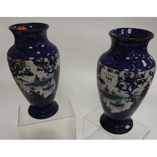 144 - Pair of Staffordshire chinoiserie blue ground printware vases