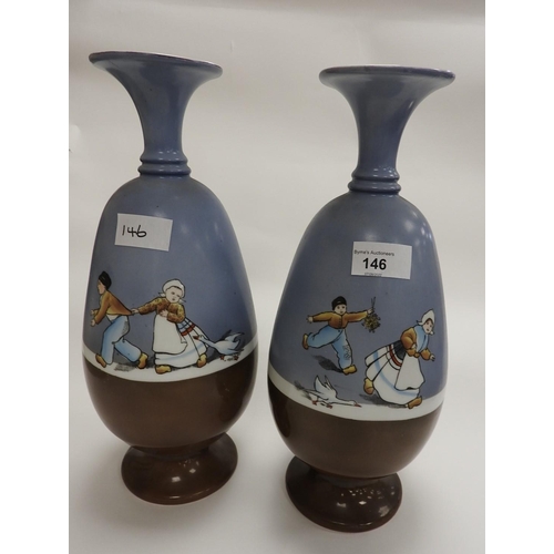 146 - Pair of Austrian Victoria porcelain vases, overprinted with Dutch children