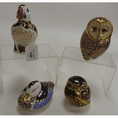 149 - Four Royal Crown Derby paperweights including two owls, puffin and a Mandarin duck