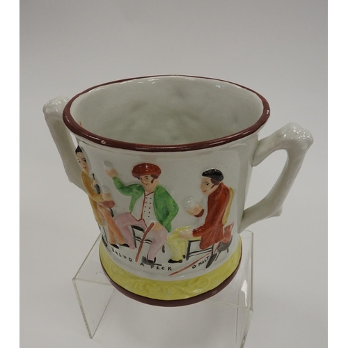 154 - Victorian Staffordshire frog-in-the-mug loving cup 'Willie brewd a peck o malt'