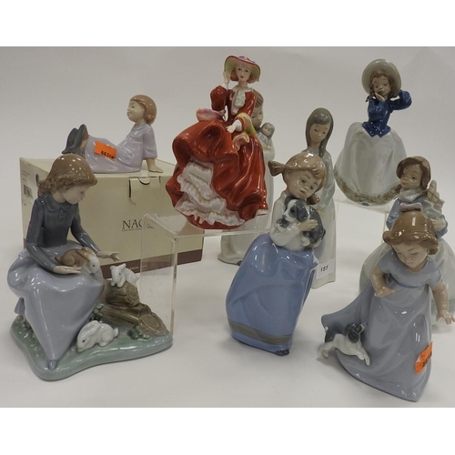 155 - Royal Doulton figure 'Top o' The Hill' and eight Nao figures, one boxed (9)