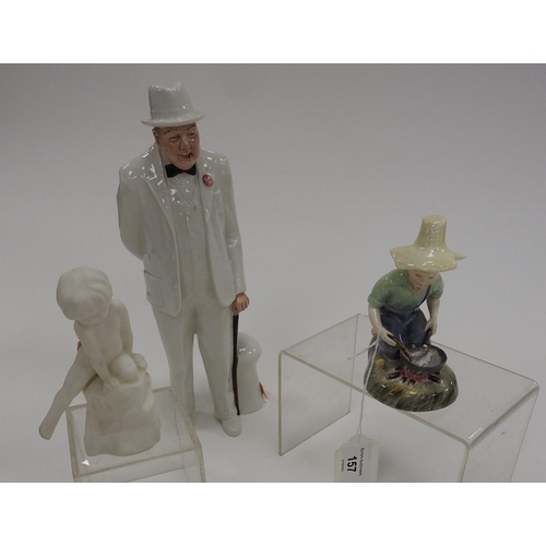 157 - Three Royal Doulton figures: Sir Winston Churchill, modelled by Adrian Hughes, River Boy, and girl s... 