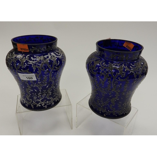 160 - Pair of Victorian blue ground and filigree decorated glass vases