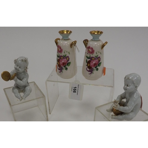 166 - Pair of Paragon pink ground floral decorated stem vases and a pair of Italian Naples figures (4)