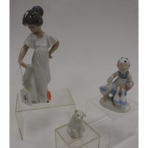 168 - Nao figure of a girl, small Nao polar bear and a Lladro style figure group of a girl with geese (3)