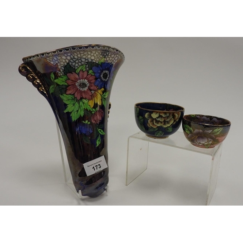 173 - Maling blue lustrous floral decorated wall pocket, also two Maling small bowls (3)