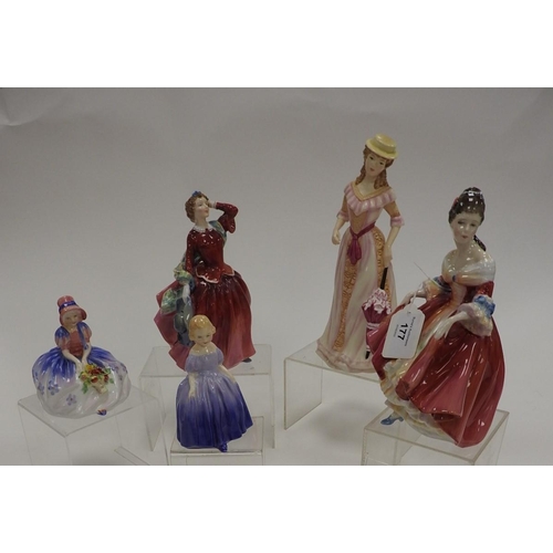 177 - Five Royal Doulton figures including Blithe Morning (HN2065), Monica (HN1467) and Marie (HN1370)