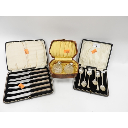 242 - Cased set of silver teaspoons, Birmingham 1936, 66g; also a cased set of silver handled butter knive... 