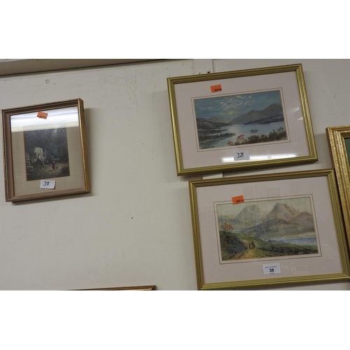 38 - Two J. Hindle landscape watercolours, framed and signed; also a small woodland cottage, oil painting... 