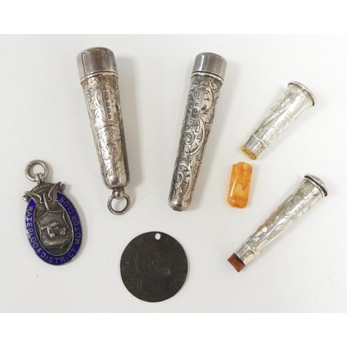 264 - Two cigarette holders in cases, Motoring Club silver enamelled medal and a Georgian token (4)