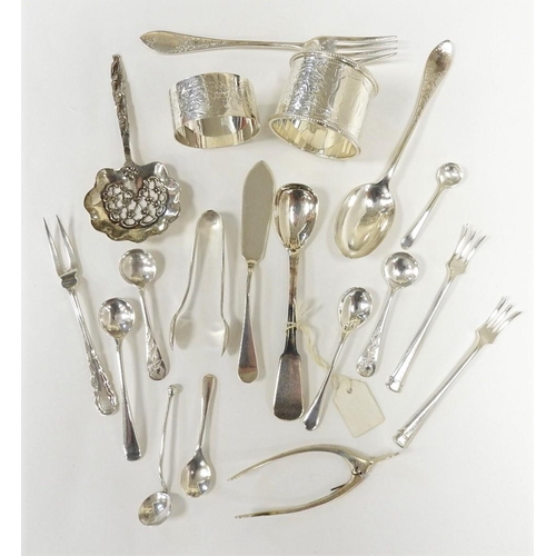 265 - Small assortment of silver flatware including various spoons, salt spoons, mustard spoons, pair of s... 