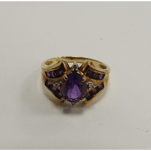 335 - 9ct gold amethyst and diamond cluster ring