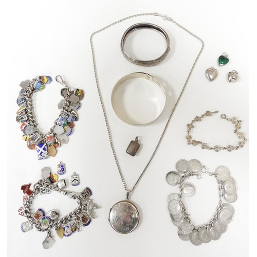 336 - Assorted silver jewellery including two charm bracelets with various world Town Arms, thruppeny bit ... 