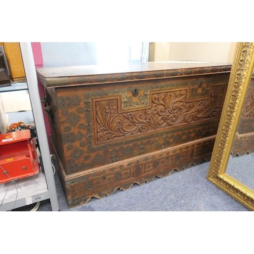 367 - Carved hardwood and brass inlaid Zanzibar chest, width 114cm, height 62cm