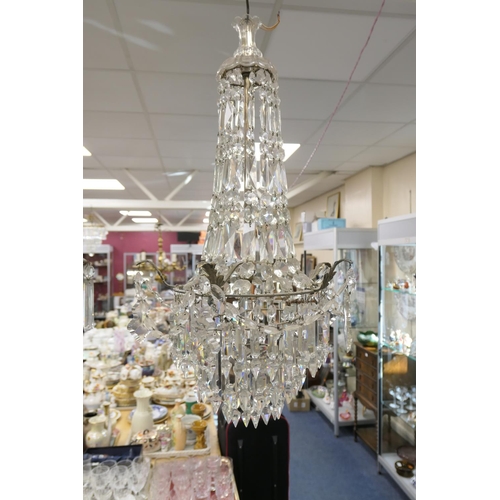 391 - 1930s cut and moulded glass teardrop shaped chandelier, 74cm x 42cm