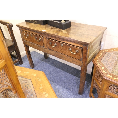 398 - 19th Century small oak two drawer dresser, width 106cm, height 77cm