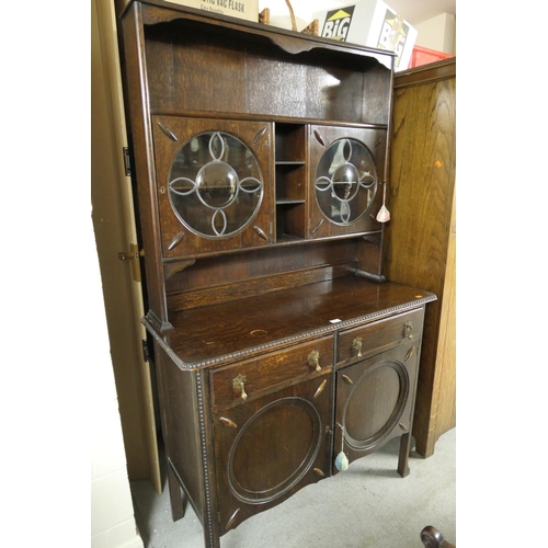 406 - Unusual George V oak dresser with secessionist style glazed cupboard doors to the top, width 113cm, ... 