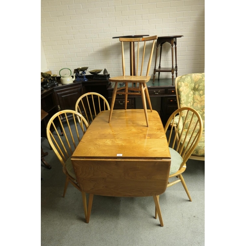 418 - Ercol light elm drop leaf small dining table, width 74cm; also three Ercol hoop back dining chairs a... 