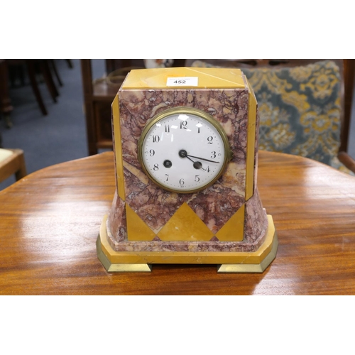 452 - French Art Deco scagliola and yellow marble mantel clock