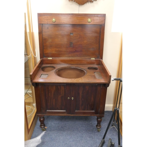 453 - 19th Century mahogany gentleman's washstand with lift-up top raised on turned legs, width 79cm, dept... 