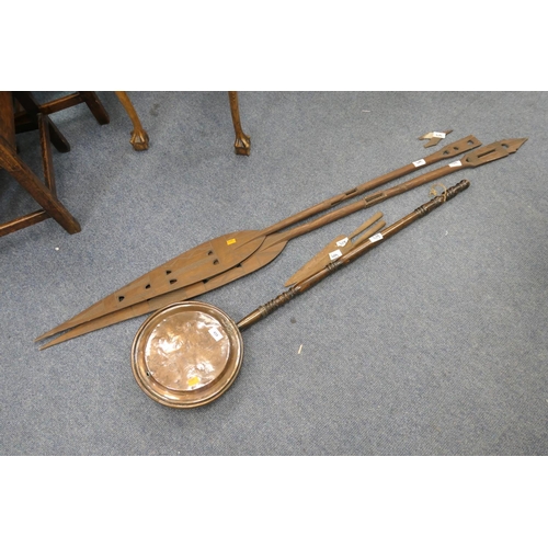 459 - Two African wood paddles, two metal spearheads and a 19th Century copper warming pan (5)