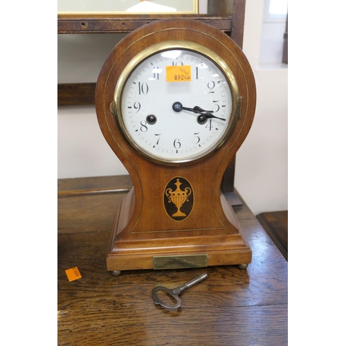 466 - Mahogany and inlaid balloon mantel clock with presentation plaque