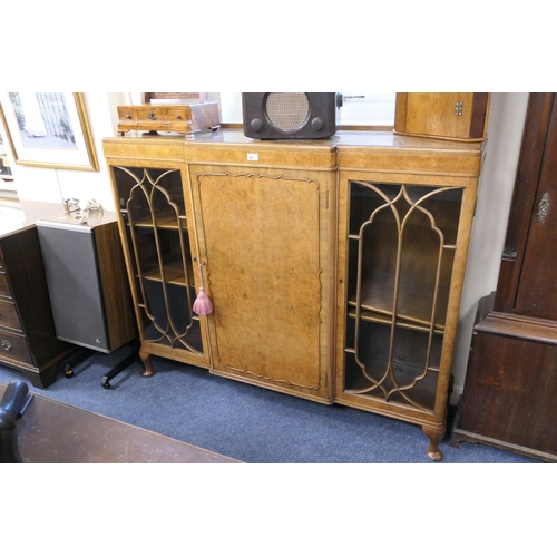 491 - Queen Anne Revival burr walnut break front display cabinet, width 135cm, height 111cm