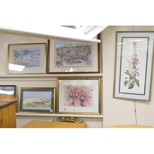 506 - Four framed prints including a view of Bolton; also a watercolour signed Byford (5)