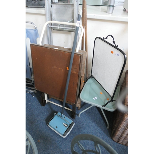 535 - Two folding wooden tables, fireguard, folding aluminium stepladders etc.