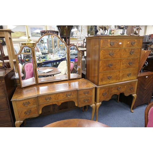 658 - Walnut chest on stand in the Queen Anne Revival style, width 94cm, height 153cm; also a matching kne... 