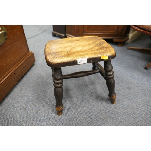 671 - Victorian ash and beech wood stool, well worn and patinated