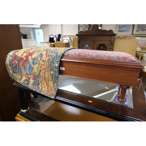 672 - Mahogany and pad upholstered long box stool, 102cm; also a modern viticulture tapestry banner (2)