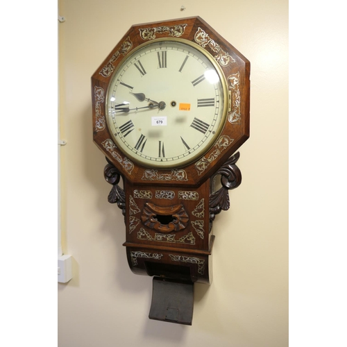 679 - Victorian rosewood and mother-of-pearl inlaid drop trunk wall clock