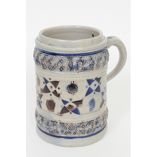 106 - Rhenish saltglazed stoneware quart tankard, of Westerwald type, cylinder form decorated with a quatr... 