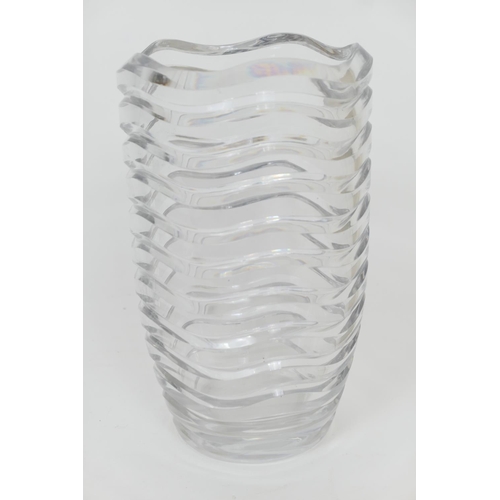 158 - 1930s heavy cut glass vase, probably Scandinavian, cut with deep, wavy, horizontal bands, unmarked, ... 