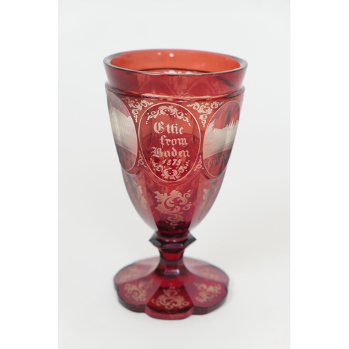 161 - German Baden engraved ruby flash goblet, circa 1875, decorated with cameo views of landmarks over a ... 