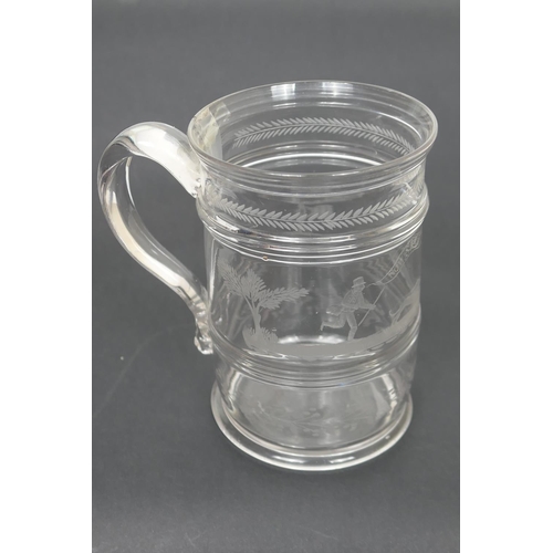 34 - Rare late Georgian engraved glass hare coursing tankard, circa 1800-20, cylindrical form with moulde... 