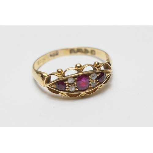 345 - Ruby and diamond ring in 18ct gold, Chester 1915, size M, weight approx. 2.7g