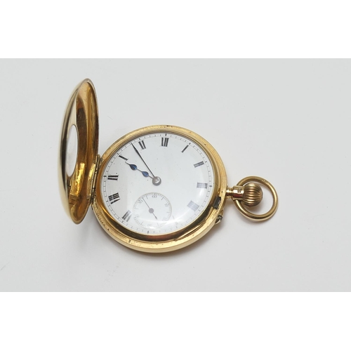 358 - George V 18ct gold half hunter pocket watch, London 1928, outer case with blue enamelled Roman numer... 