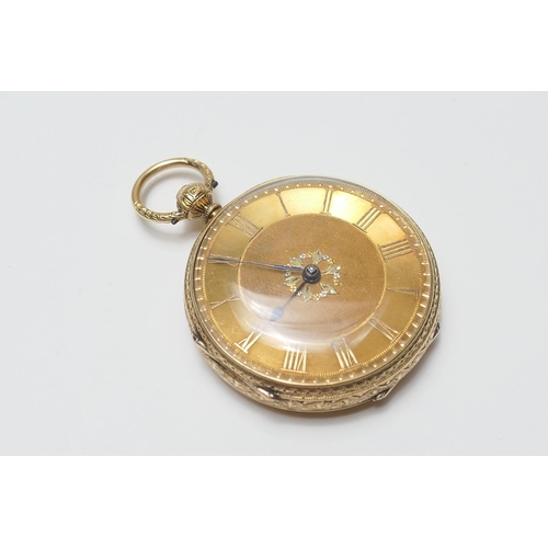 398 - Victorian 18ct gold open faced pocket watch, hallmarked Chester 1871, 38mm gilt dial with matted cen... 