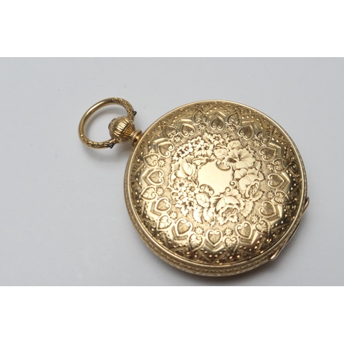 398 - Victorian 18ct gold open faced pocket watch, hallmarked Chester 1871, 38mm gilt dial with matted cen... 