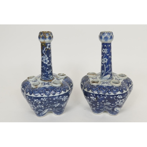 40 - Pair of Chinese blue and white tulip vases, 19th Century, traditional form and decorated with prunus... 