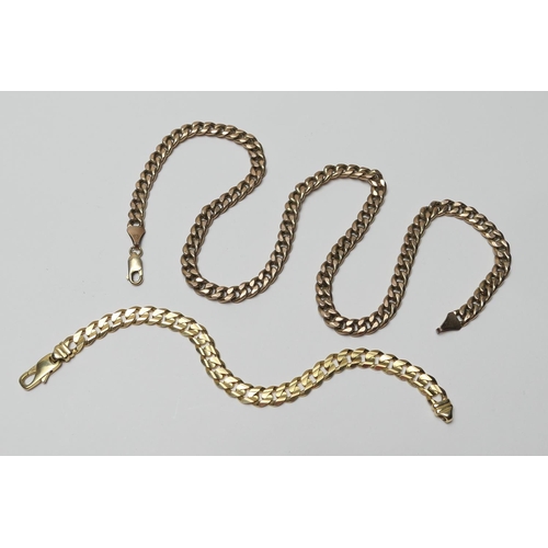 407 - 9ct gold flattened curb link necklace, with lobster claw clasp, 51cm; also a 9ct yellow gold flatten... 