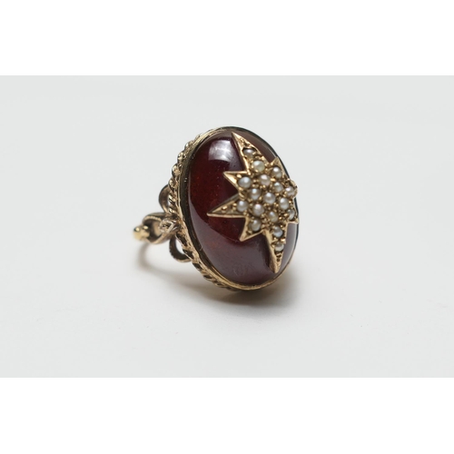 412 - Decorative cabochon garnet and seed pearl dress ring, set in 9ct gold, size L, gross weight approx. ... 