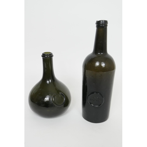 42 - Georgian sealed wine bottle, with applied name 'J. L Stawell', height 27.5cm; also an onion shaped s... 