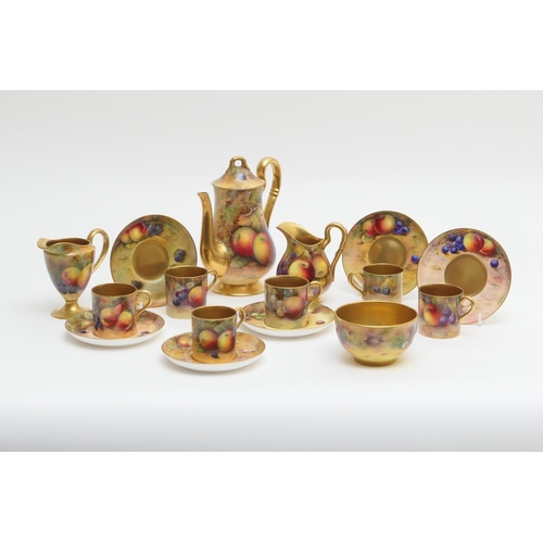 46 - Royal Worcester fruit decorated composite coffee service, comprising baluster coffee pot by A Shuck,... 